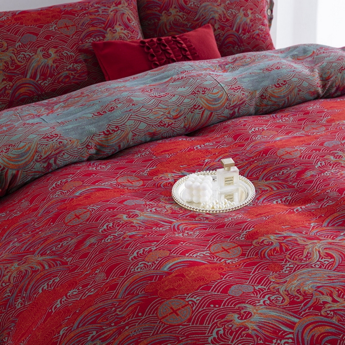 91家纺网 家纺一手货源 找家纺 （总）仰望棉麻双层纱供应链 2026新款新中式全棉色织提花双层纱四件套-祥云