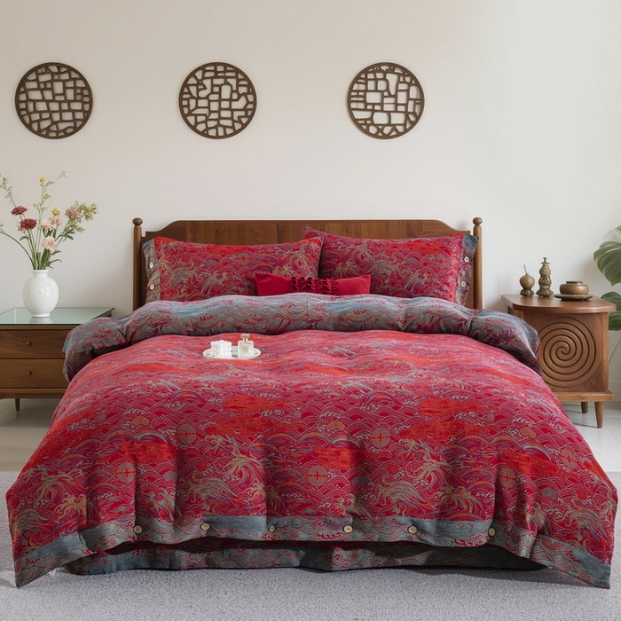 91家纺网 家纺一手货源 找家纺 （总）仰望棉麻双层纱供应链 2026新款新中式全棉色织提花双层纱四件套-祥云