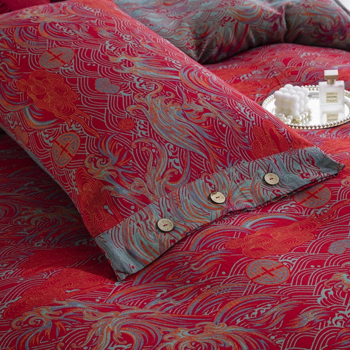 91家纺网 家纺一手货源 找家纺 （总）仰望棉麻双层纱供应链 2026新款新中式全棉色织提花双层纱四件套-祥云