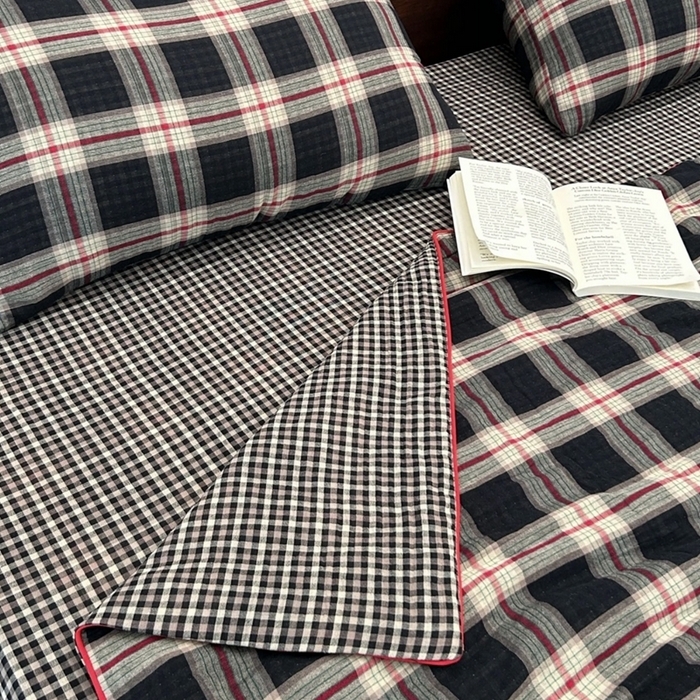 91家纺网 家纺一手货源 找家纺 （总）仰望棉麻双层纱供应链 2026新款AA版滚绳款全棉纯棉色织提花双层纱四件套 -墨染朱华