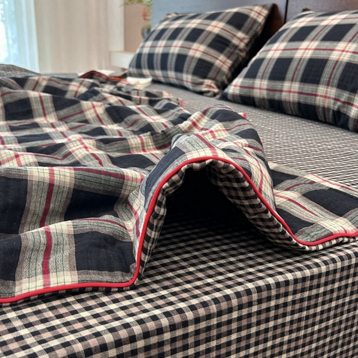 91家纺网 家纺一手货源 找家纺 （总）仰望棉麻双层纱供应链 2026新款AA版滚绳款全棉纯棉色织提花双层纱四件套 -墨染朱华