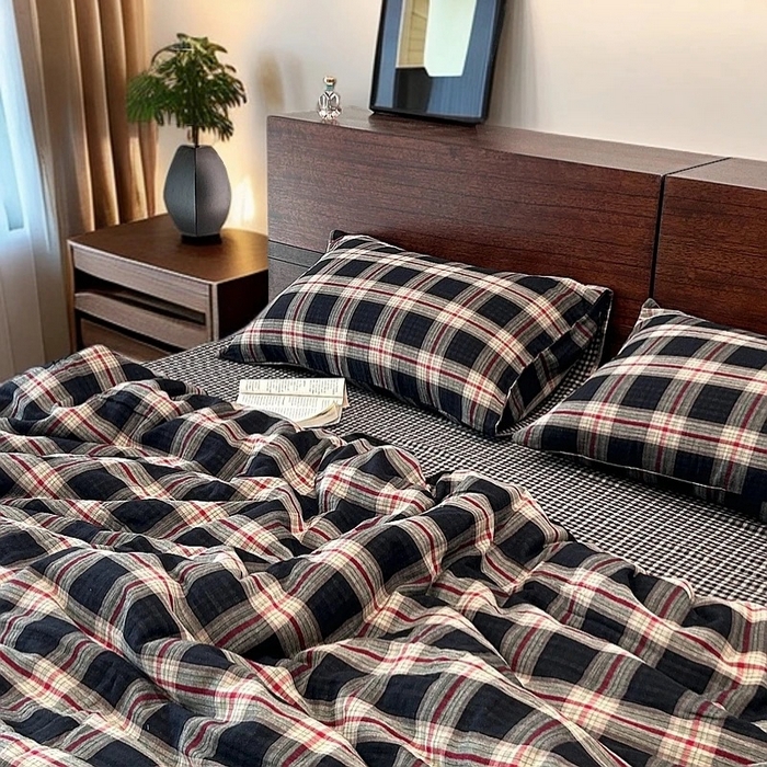 91家纺网 家纺一手货源 找家纺 （总）仰望棉麻双层纱供应链 2026新款AA版滚绳款全棉纯棉色织提花双层纱四件套 -墨染朱华