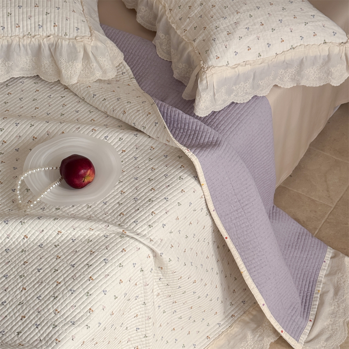 91家纺网 家纺一手货源 找家纺 （总）床盖工厂店 2026新款韩式田园小碎花系双面全棉花边床盖三件套