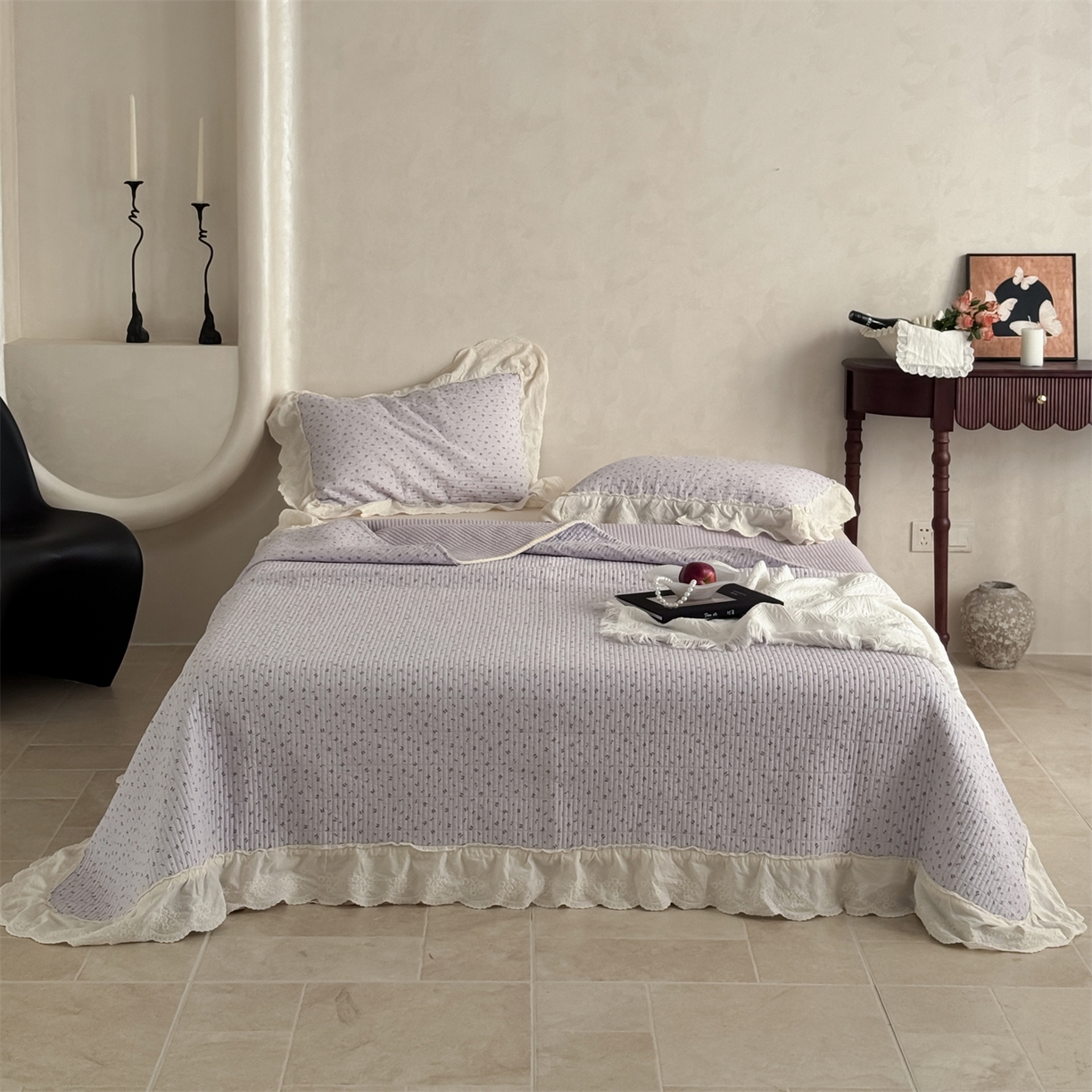 91家纺网 家纺一手货源 找家纺 床盖工厂店 2026新款韩式田园小碎花系双面全棉花边床盖三件套 樱桃果冻