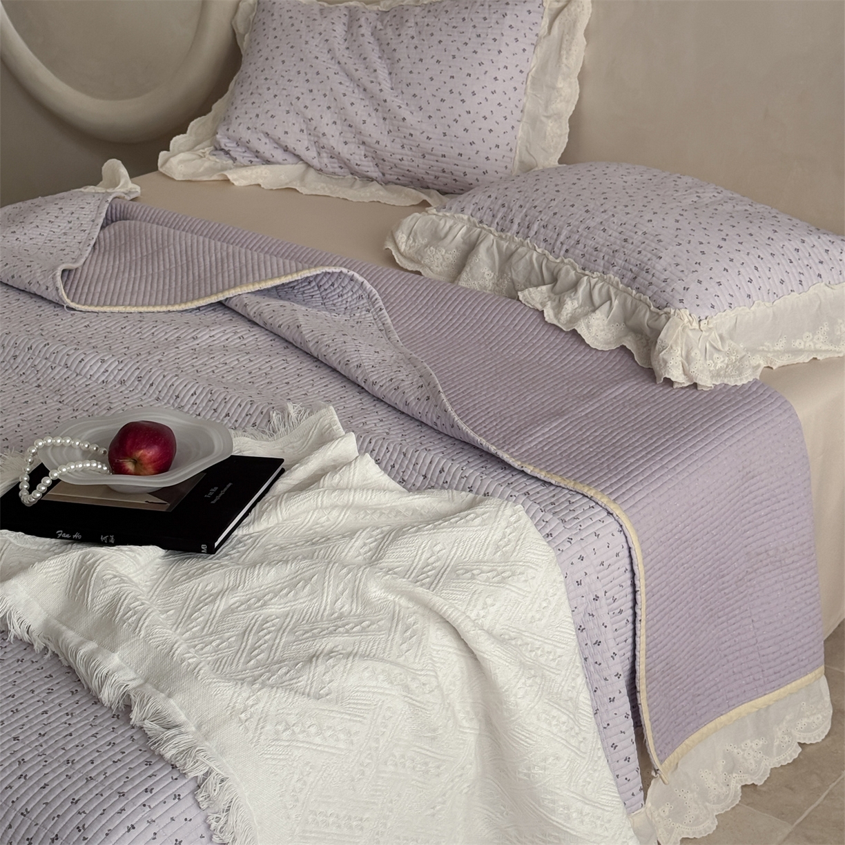 91家纺网 家纺一手货源 找家纺 床盖工厂店 2026新款韩式田园小碎花系双面全棉花边床盖三件套 樱桃果冻