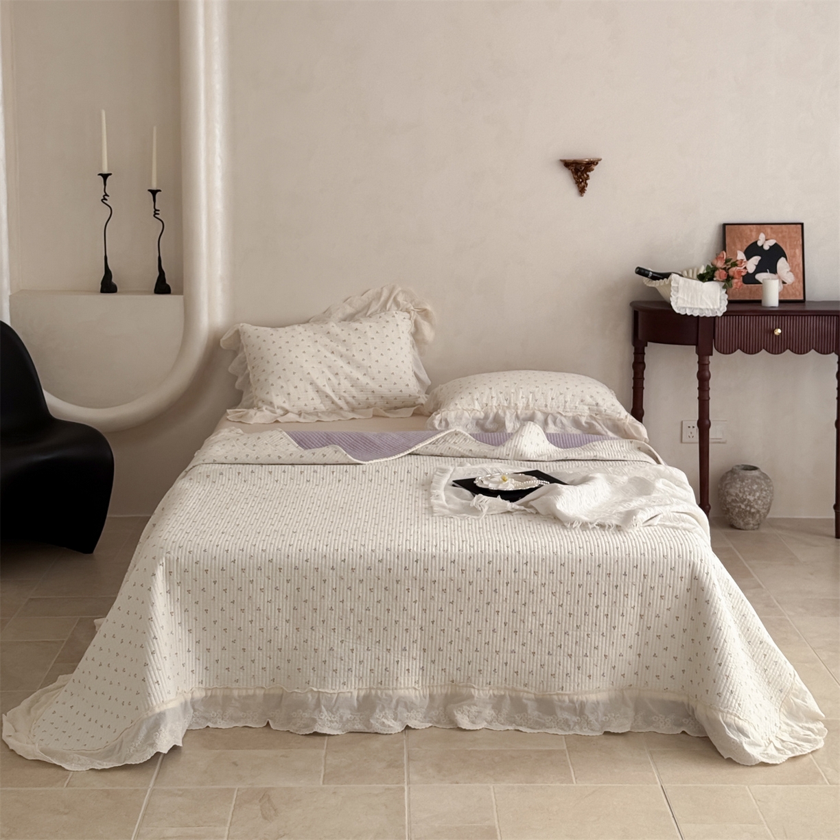 床盖工厂店 2026新款韩式田园小碎花系双面全棉花边床盖三件套 缤纷樱桃