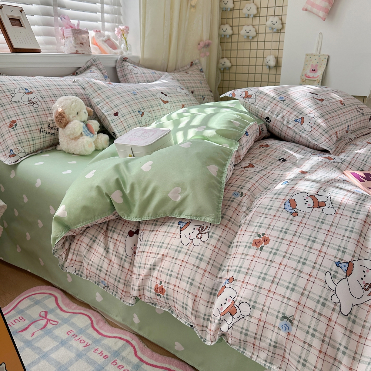 91家纺网 家纺一手货源 找家纺 卡斯诺家纺馆 2026新款A类亲肤芦荟棉四件套 下载文件包含买家秀 格纹友趣