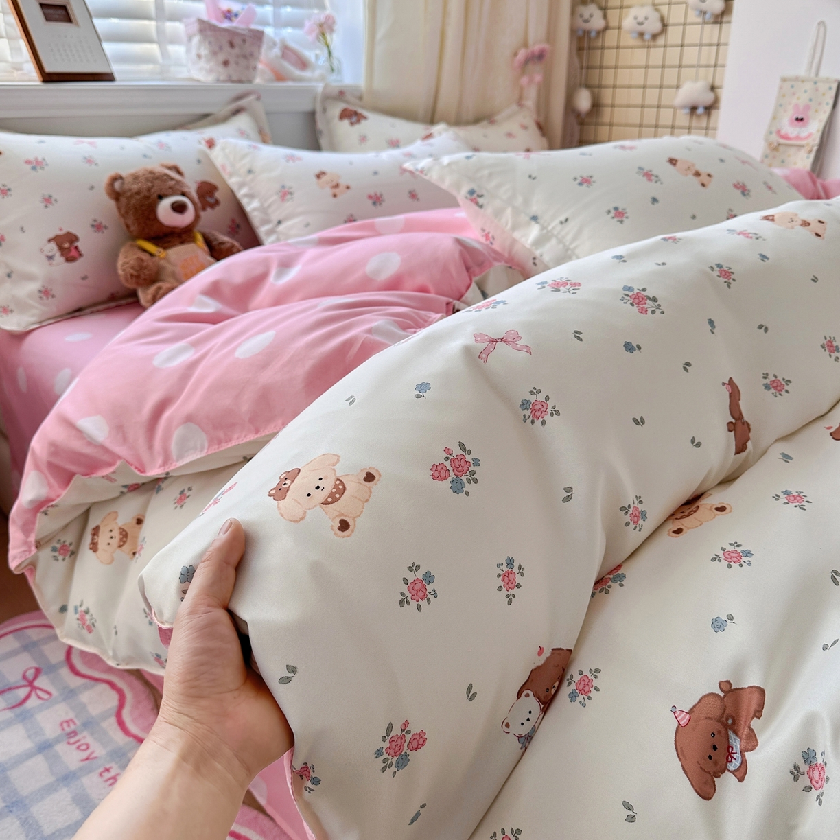 91家纺网 家纺一手货源 找家纺 卡斯诺家纺馆 2026新款A类亲肤芦荟棉四件套 下载文件包含买家秀 小熊花梦