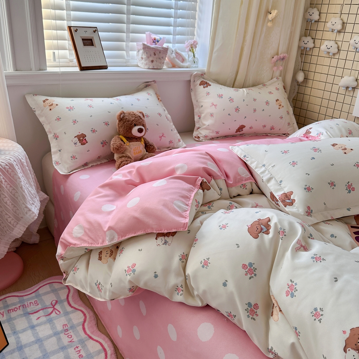 91家纺网 家纺一手货源 找家纺 卡斯诺家纺馆 2026新款A类亲肤芦荟棉四件套 下载文件包含买家秀 小熊花梦