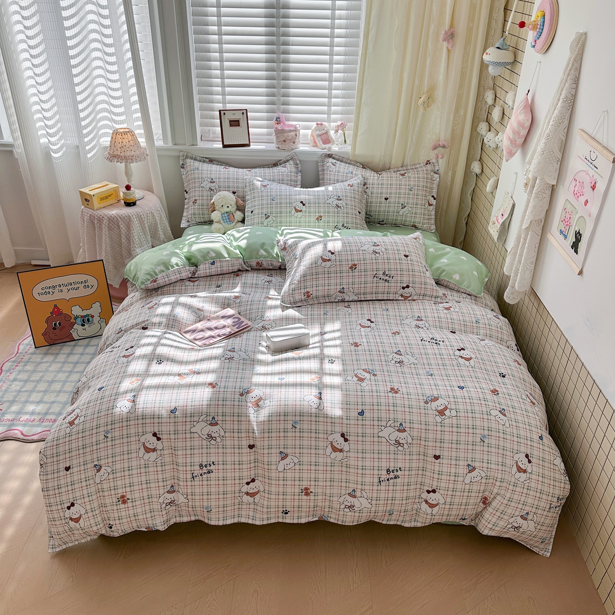 91家纺网 家纺一手货源 找家纺 卡斯诺家纺馆 2026新款A类亲肤芦荟棉四件套 下载文件包含买家秀 格纹友趣