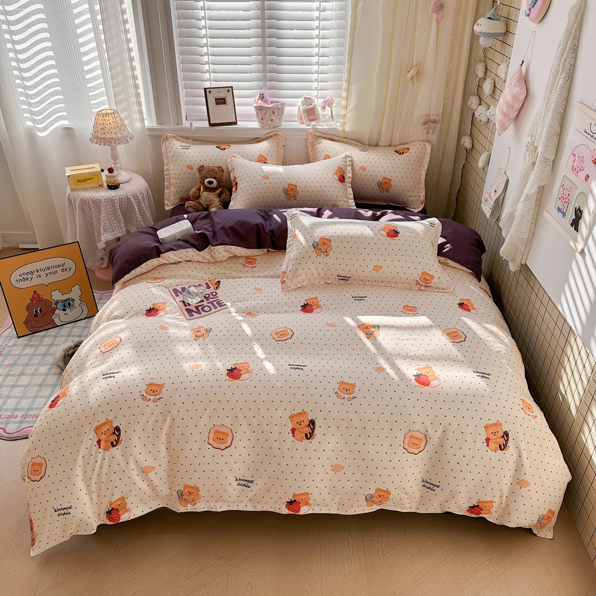 91家纺网 家纺一手货源 找家纺 卡斯诺家纺馆 2026新款A类亲肤芦荟棉四件套 下载文件包含买家秀 熊崽甜莓