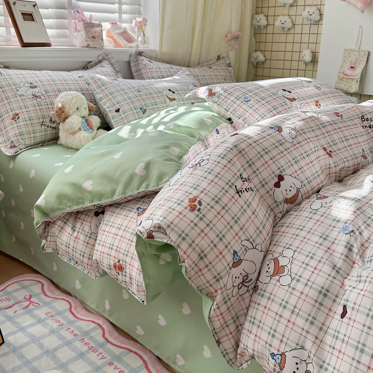 91家纺网 家纺一手货源 找家纺 卡斯诺家纺馆 2026新款A类亲肤芦荟棉四件套 下载文件包含买家秀 格纹友趣