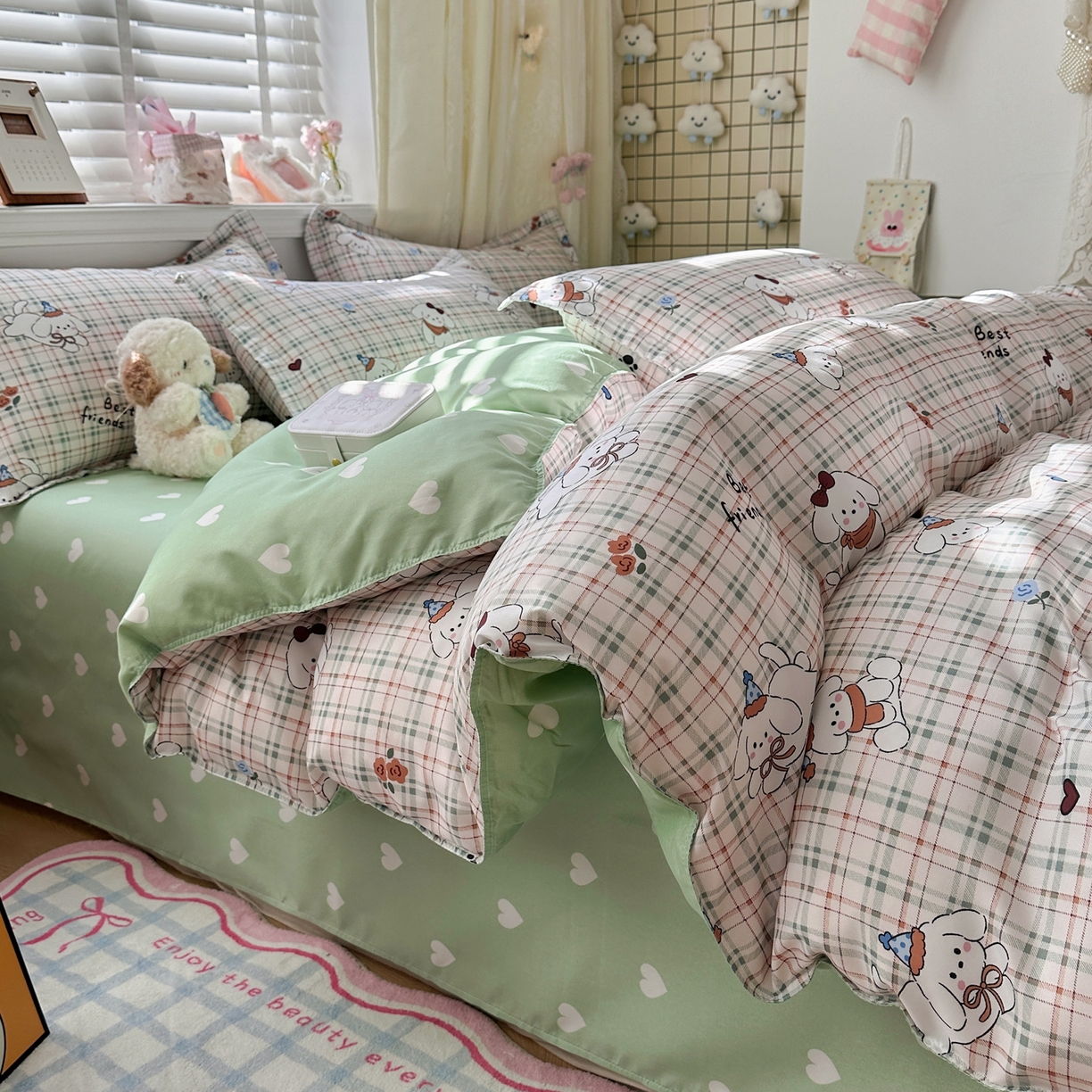 91家纺网 家纺一手货源 找家纺 卡斯诺家纺馆 2026新款A类亲肤芦荟棉四件套 下载文件包含买家秀 格纹友趣