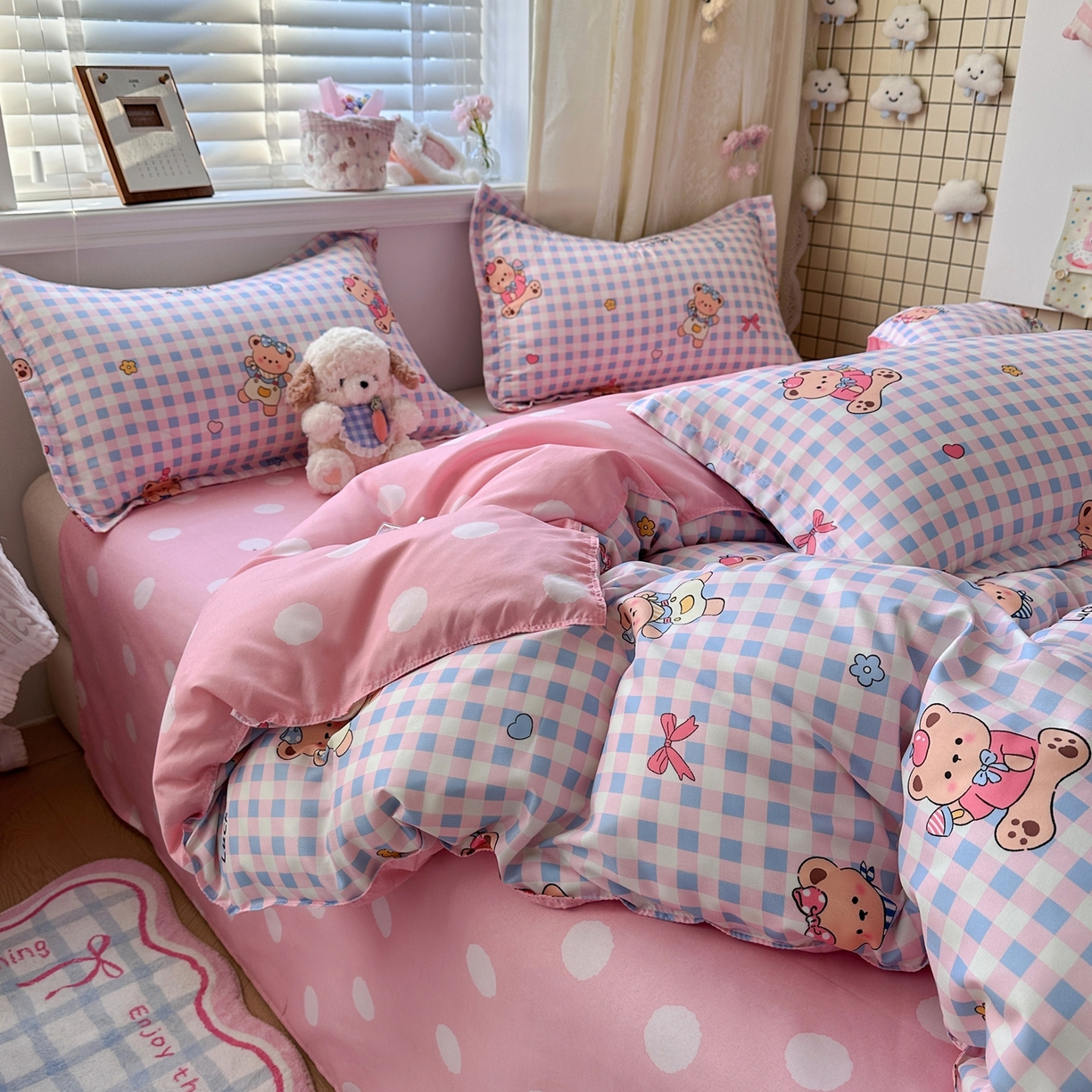 91家纺网 家纺一手货源 找家纺 卡斯诺家纺馆 2026新款A类亲肤芦荟棉四件套 下载文件包含买家秀 软萌熊格