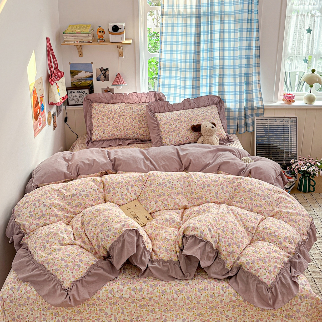 91家纺网 家纺一手货源 找家纺 富米莱（原臻工厂） 2026春夏新款仿棉A类韩系大花边床盖床裙四件套 山樱漫岛