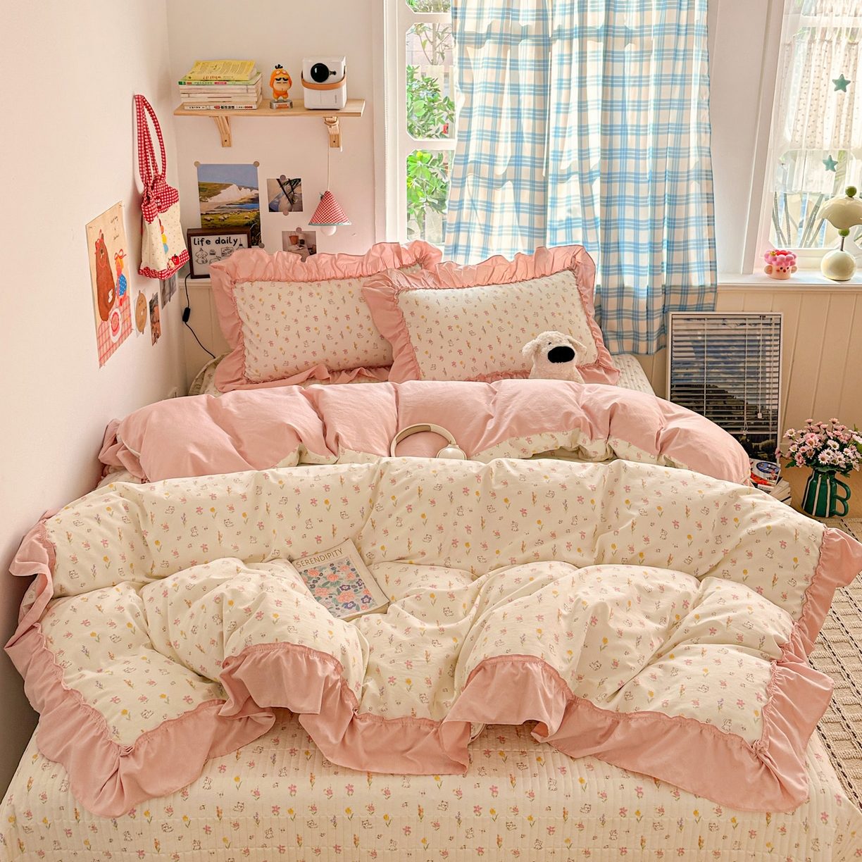 91家纺网 家纺一手货源 找家纺 富米莱（原臻工厂） 2026春夏新款仿棉A类韩系大花边床盖床裙四件套 小杏芙