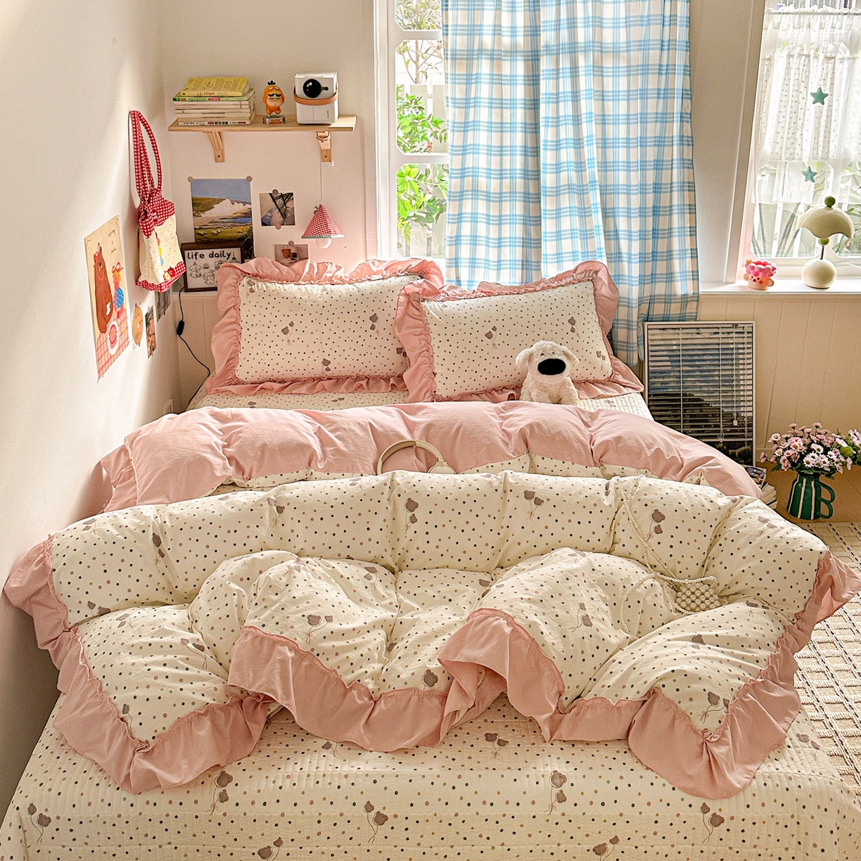 91家纺网 家纺一手货源 找家纺 富米莱（原臻工厂） 2026春夏新款仿棉A类韩系大花边床盖床裙四件套 波点汽球