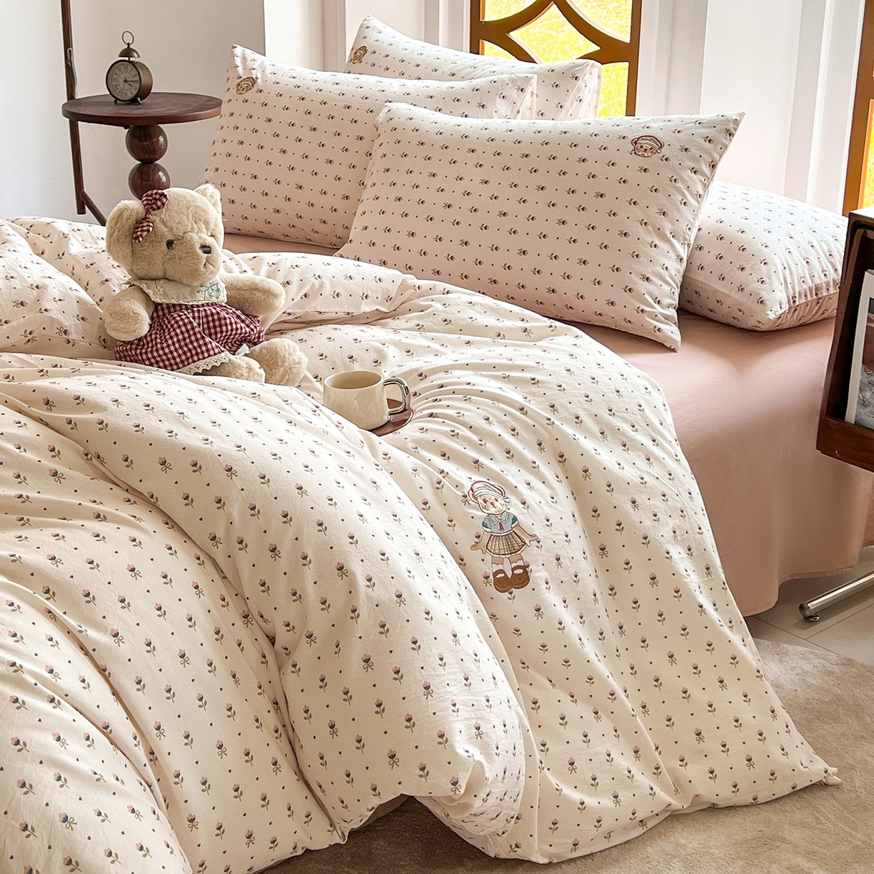 欣晴家纺 2026新款软糯云朵棉水洗棉刺绣三件套四件套嘟嘟小熊系列（风格1） 晴语