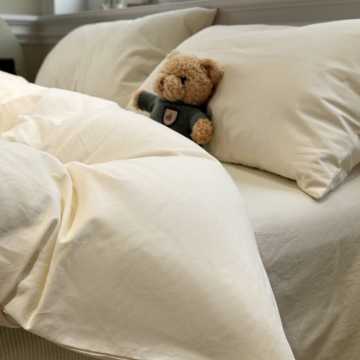 91家纺网 家纺一手货源 找家纺 欣晴家纺 2026新款软糯水洗棉条格无印宜家风混搭系列被套单件单品被套 混搭米黄