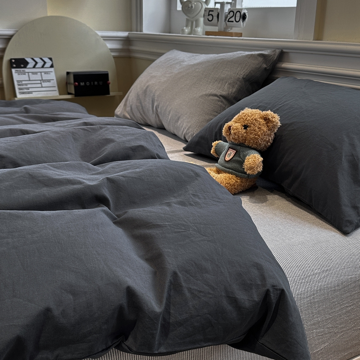 91家纺网 家纺一手货源 找家纺 欣晴家纺 2026新款软糯水洗棉条格无印宜家风混搭系列被套单件单品被套 混搭深灰