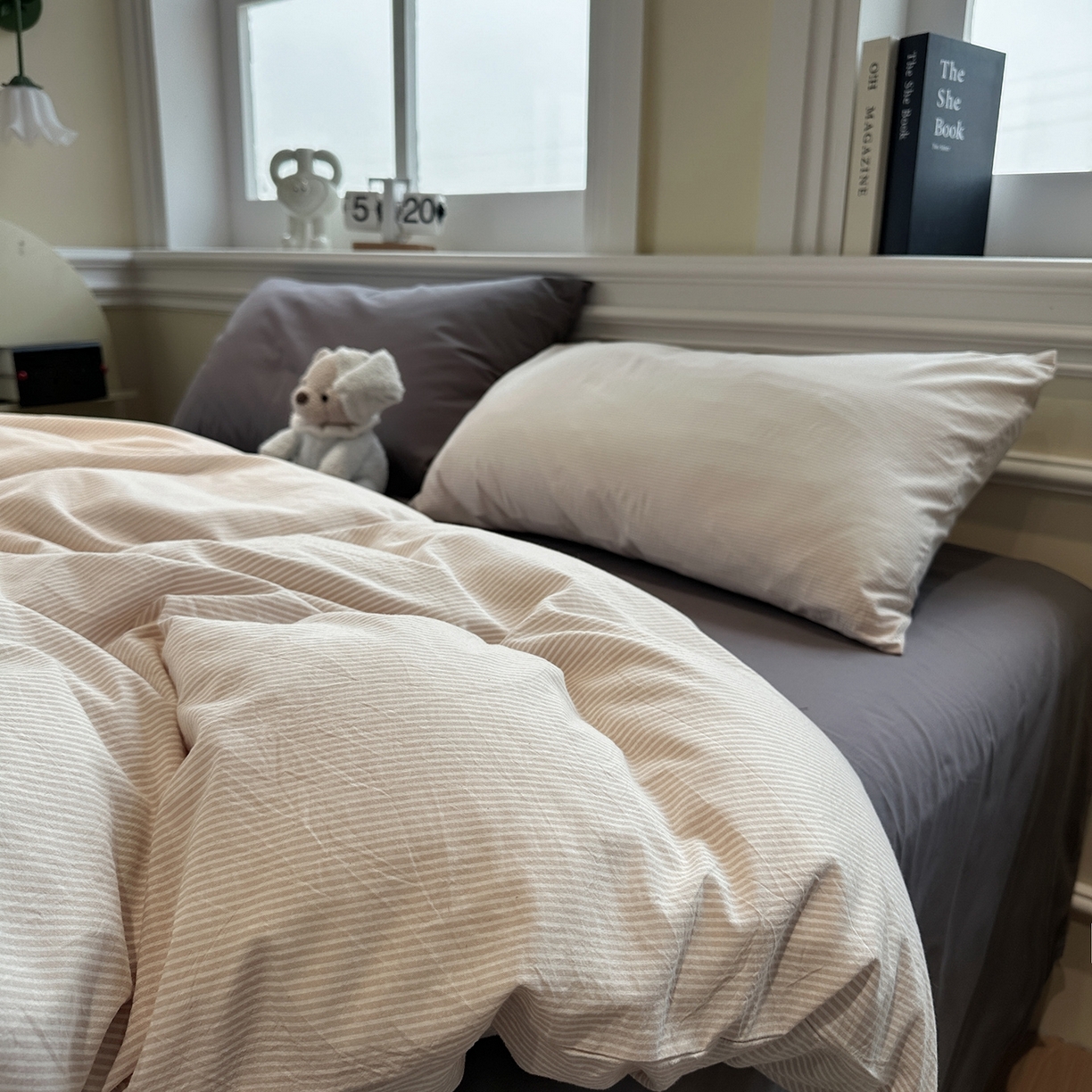 91家纺网 家纺一手货源 找家纺 欣晴家纺 2026新款软糯水洗棉条格无印宜家风混搭系列被套单件单品被套 混搭咖条