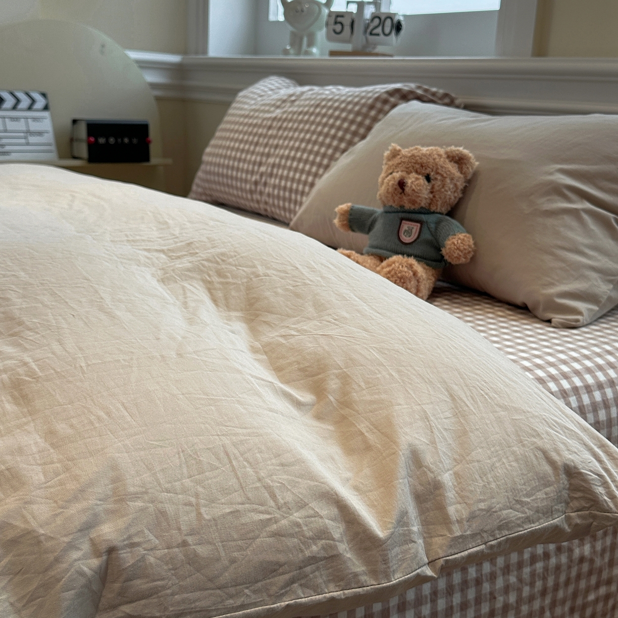 91家纺网 家纺一手货源 找家纺 欣晴家纺 2026新款软糯水洗棉条格无印宜家风混搭系列被套单件单品被套 混搭米驼