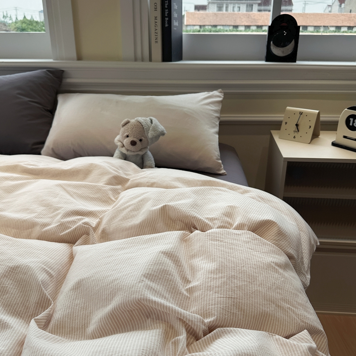 91家纺网 家纺一手货源 找家纺 欣晴家纺 2026新款软糯水洗棉条格无印宜家风混搭系列被套单件单品被套 混搭咖条