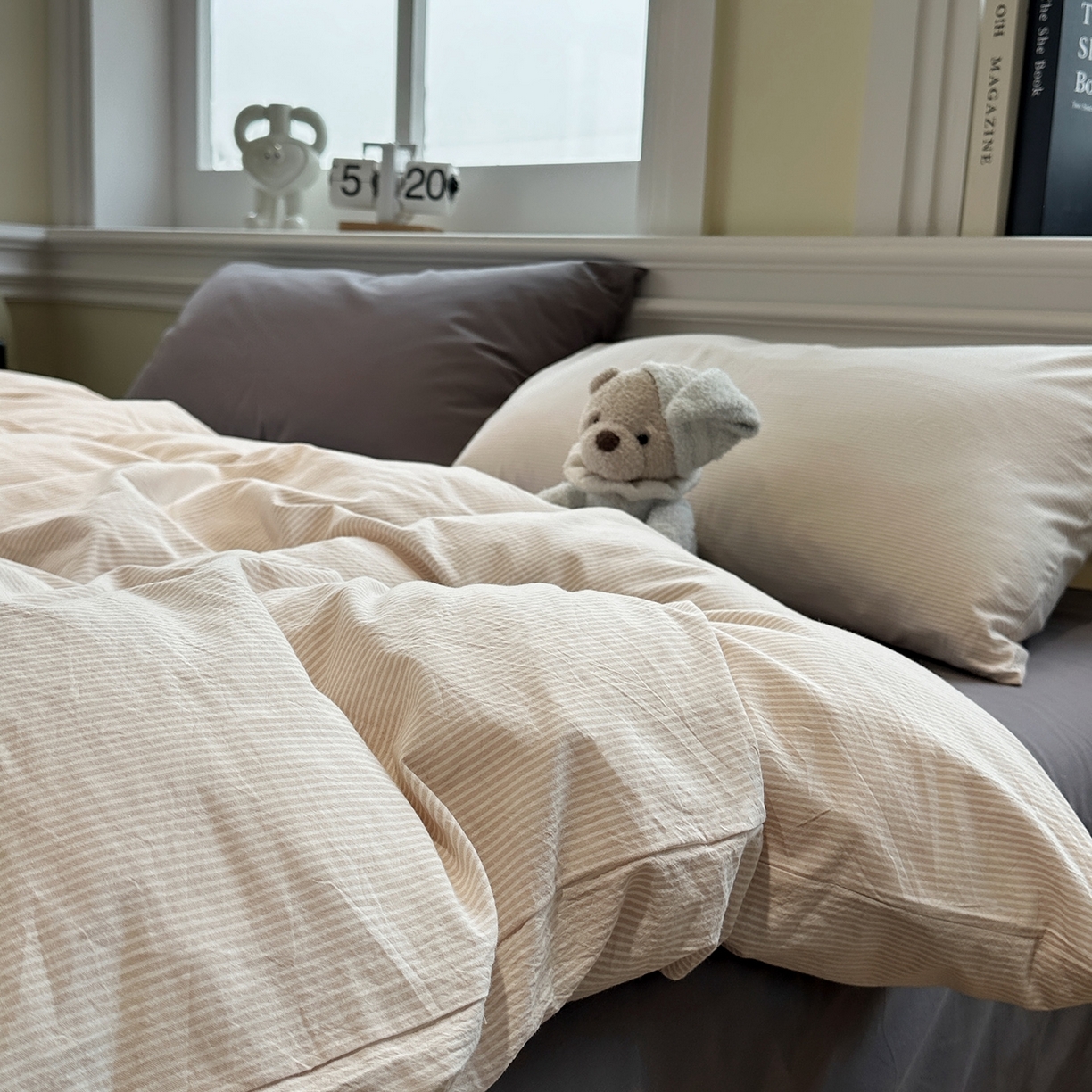 91家纺网 家纺一手货源 找家纺 欣晴家纺 2026新款软糯水洗棉条格无印宜家风混搭系列被套单件单品被套 混搭咖条