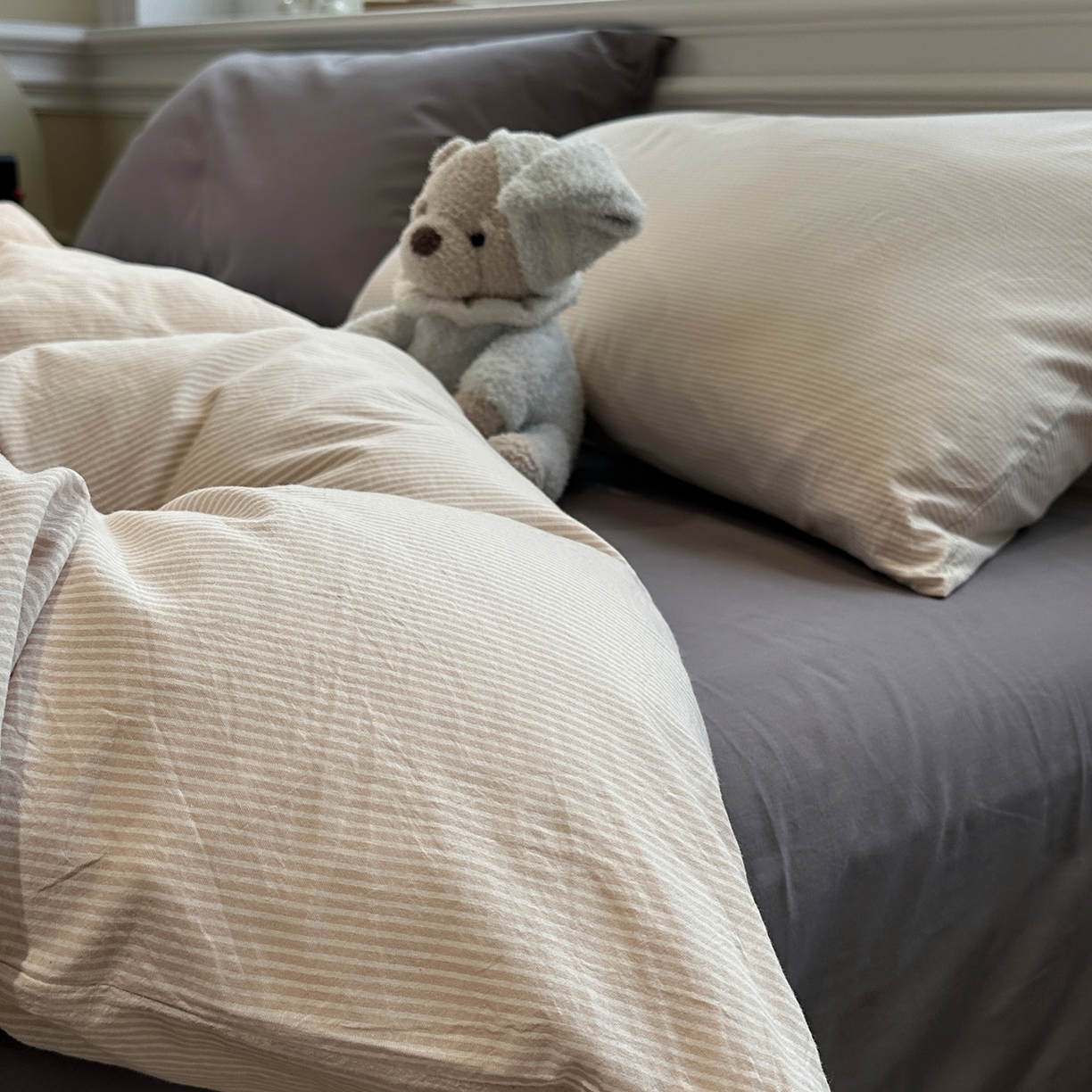 91家纺网 家纺一手货源 找家纺 欣晴家纺 2026新款软糯水洗棉条格无印宜家风混搭系列被套单件单品被套 混搭咖条