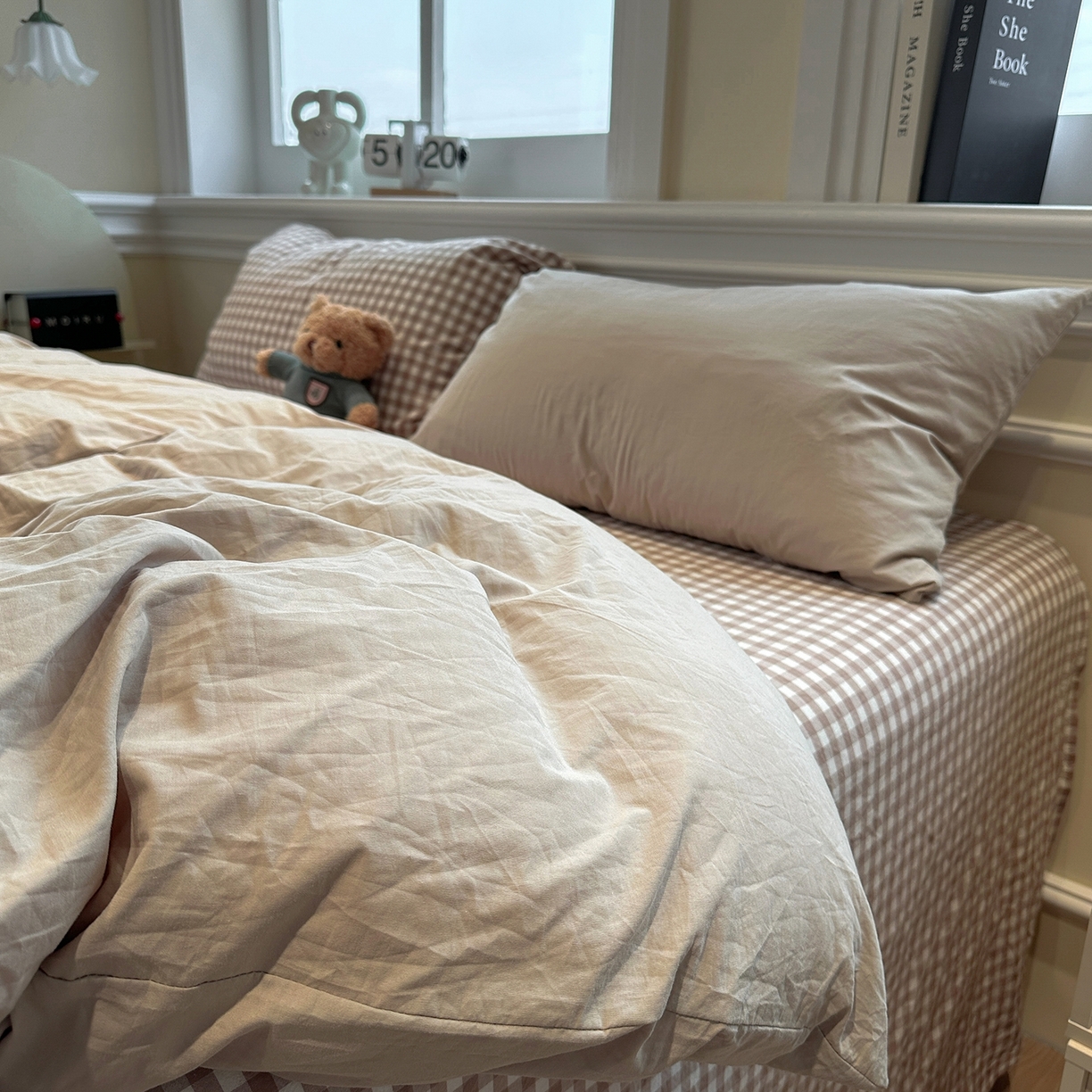 91家纺网 家纺一手货源 找家纺 欣晴家纺 2026新款软糯水洗棉条格无印宜家风混搭系列被套单件单品被套 混搭米驼