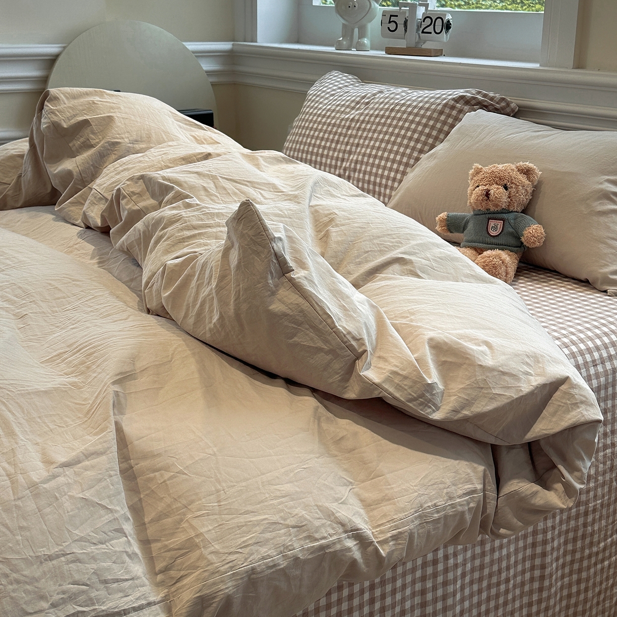 欣晴家纺 2026新款软糯水洗棉条格无印宜家风混搭系列被套单件单品被套 混搭米驼