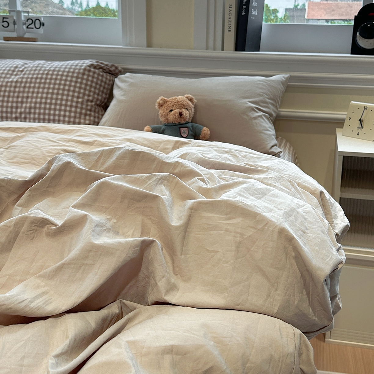 91家纺网 家纺一手货源 找家纺 欣晴家纺 2026新款软糯水洗棉条格无印宜家风混搭系列被套单件单品被套 混搭米驼