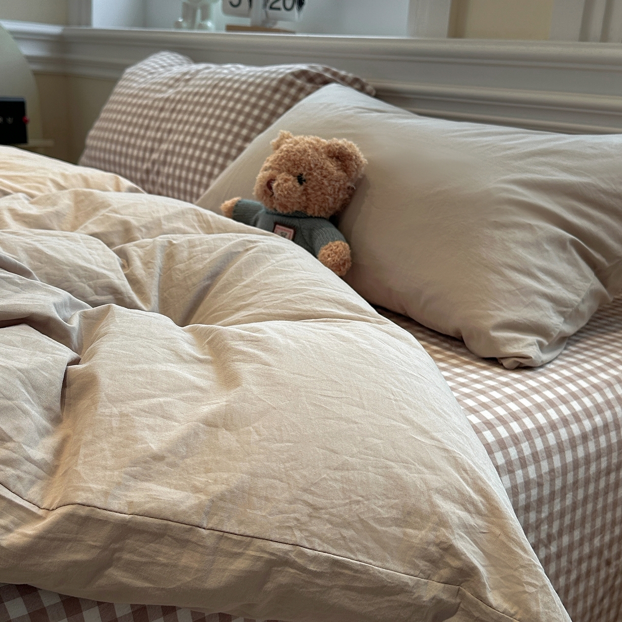 91家纺网 家纺一手货源 找家纺 欣晴家纺 2026新款软糯水洗棉条格无印宜家风混搭系列被套单件单品被套 混搭米驼