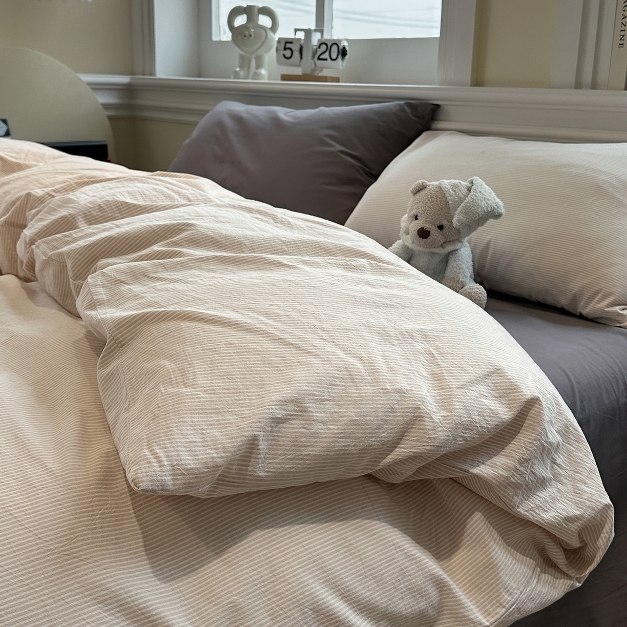 91家纺网 家纺一手货源 找家纺 欣晴家纺 2026新款软糯水洗棉条格无印宜家风混搭系列被套单件单品被套 混搭咖条