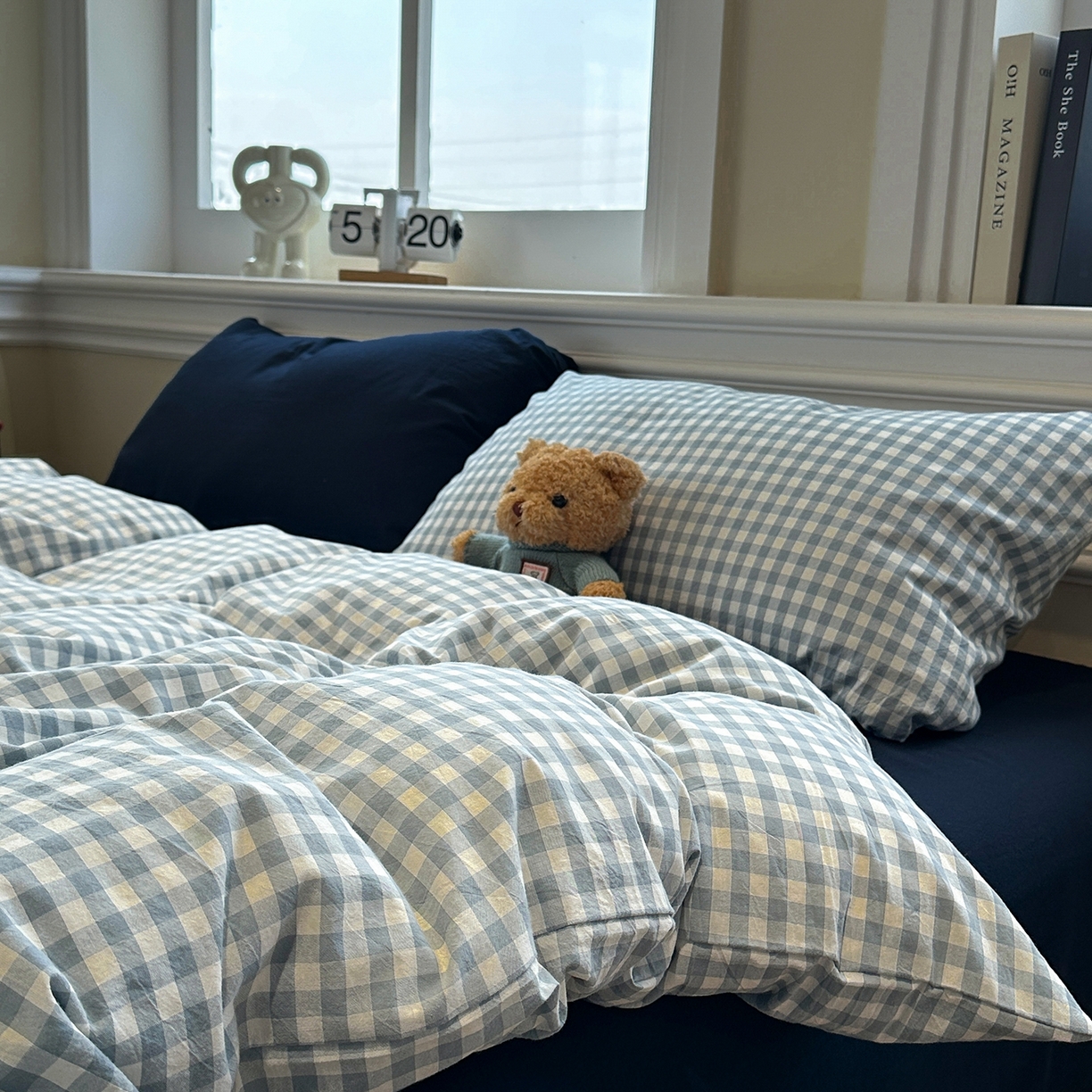 91家纺网 家纺一手货源 找家纺 欣晴家纺 2026新款软糯水洗棉条格无印宜家风混搭系列被套单件单品被套 混搭蓝格