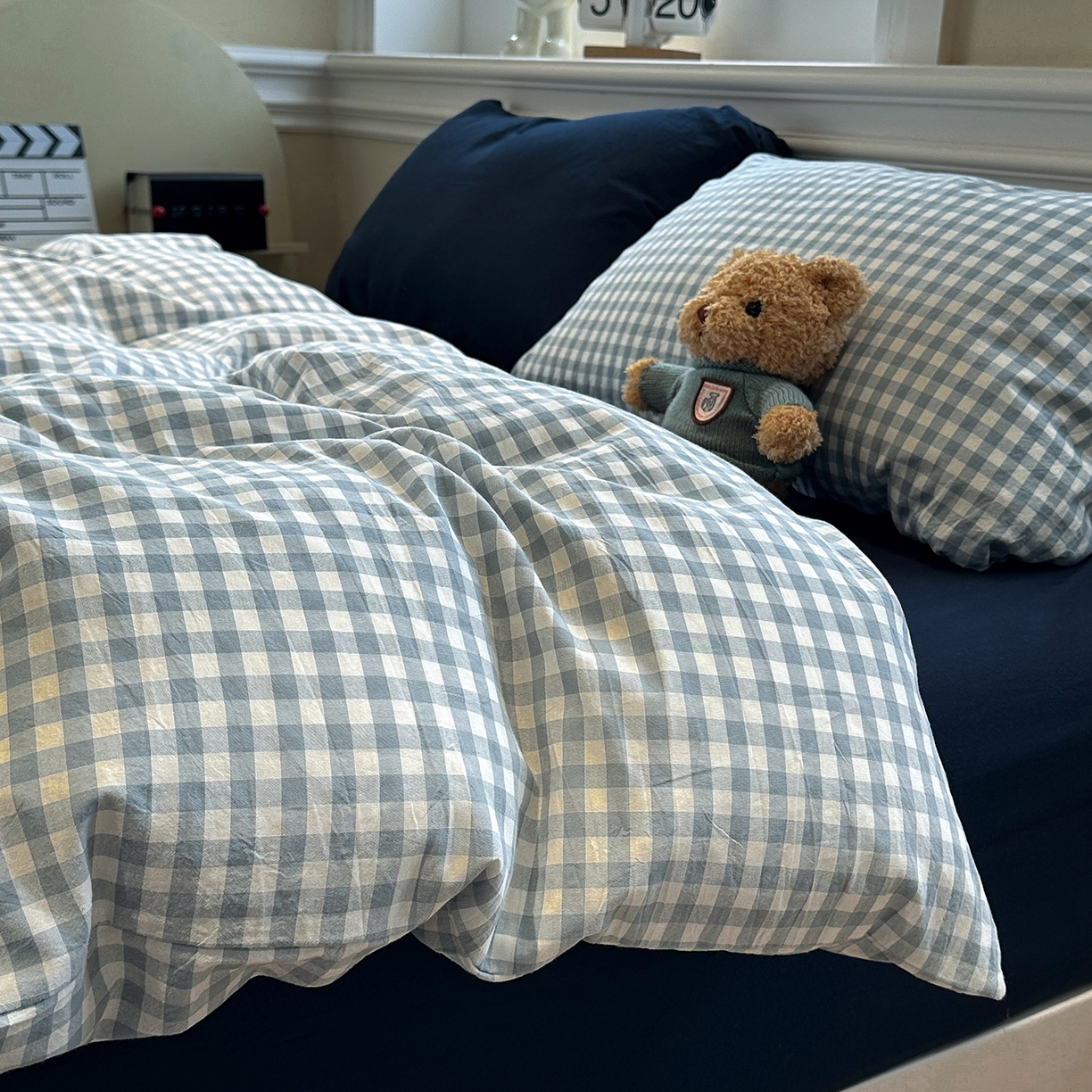 91家纺网 家纺一手货源 找家纺 欣晴家纺 2026新款软糯水洗棉条格无印宜家风混搭系列被套单件单品被套 混搭蓝格
