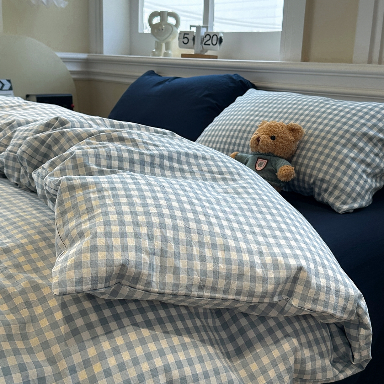 91家纺网 家纺一手货源 找家纺 欣晴家纺 2026新款软糯水洗棉条格无印宜家风混搭系列被套单件单品被套 混搭蓝格