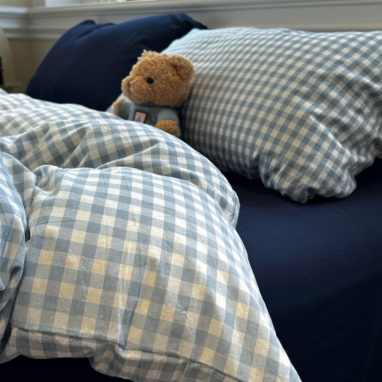 91家纺网 家纺一手货源 找家纺 欣晴家纺 2026新款软糯水洗棉条格无印宜家风混搭系列被套单件单品被套 混搭蓝格