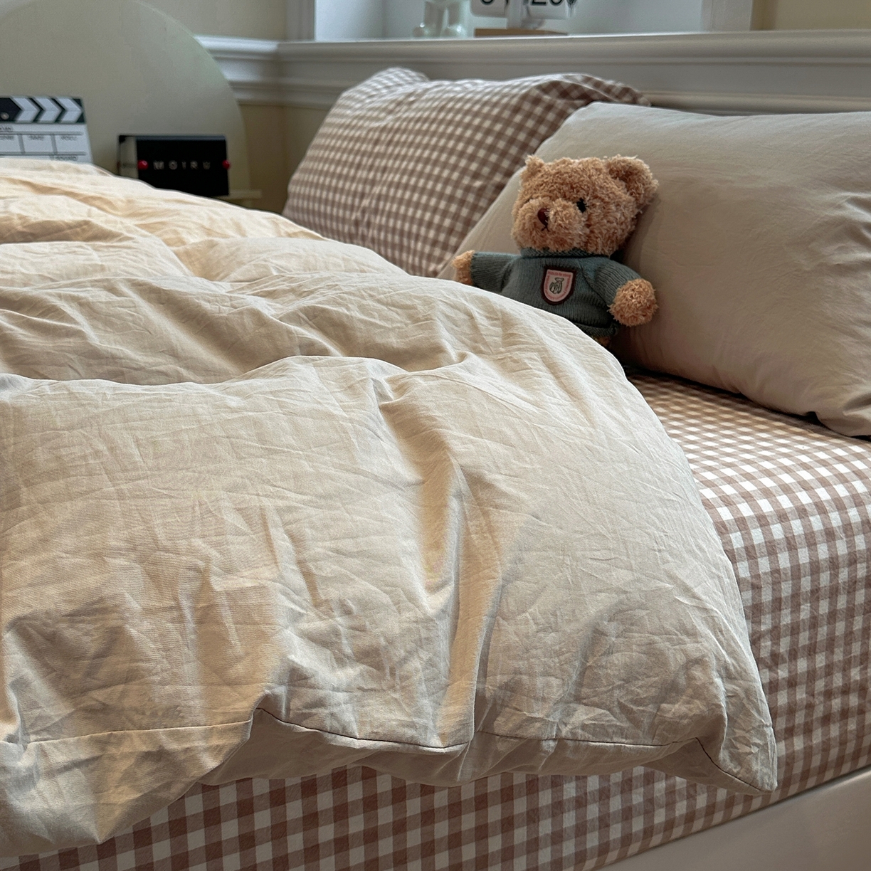 91家纺网 家纺一手货源 找家纺 欣晴家纺 2026新款软糯水洗棉条格无印宜家风混搭系列被套单件单品被套 混搭米驼