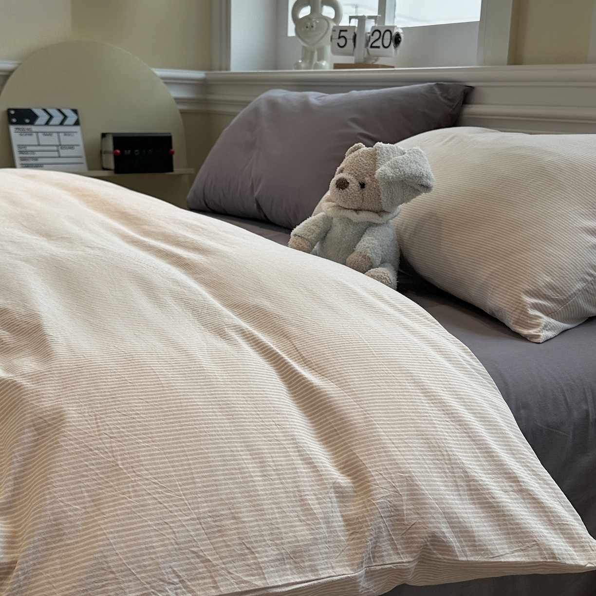 91家纺网 家纺一手货源 找家纺 欣晴家纺 2026新款软糯水洗棉条格无印宜家风混搭系列被套单件单品被套 混搭咖条