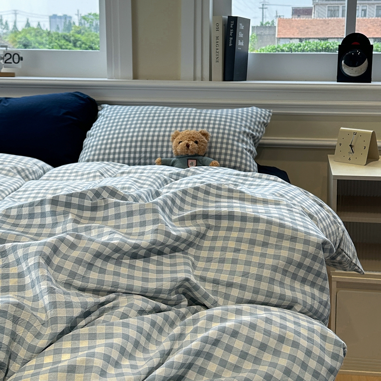 91家纺网 家纺一手货源 找家纺 欣晴家纺 2026新款软糯水洗棉条格无印宜家风混搭系列被套单件单品被套 混搭蓝格