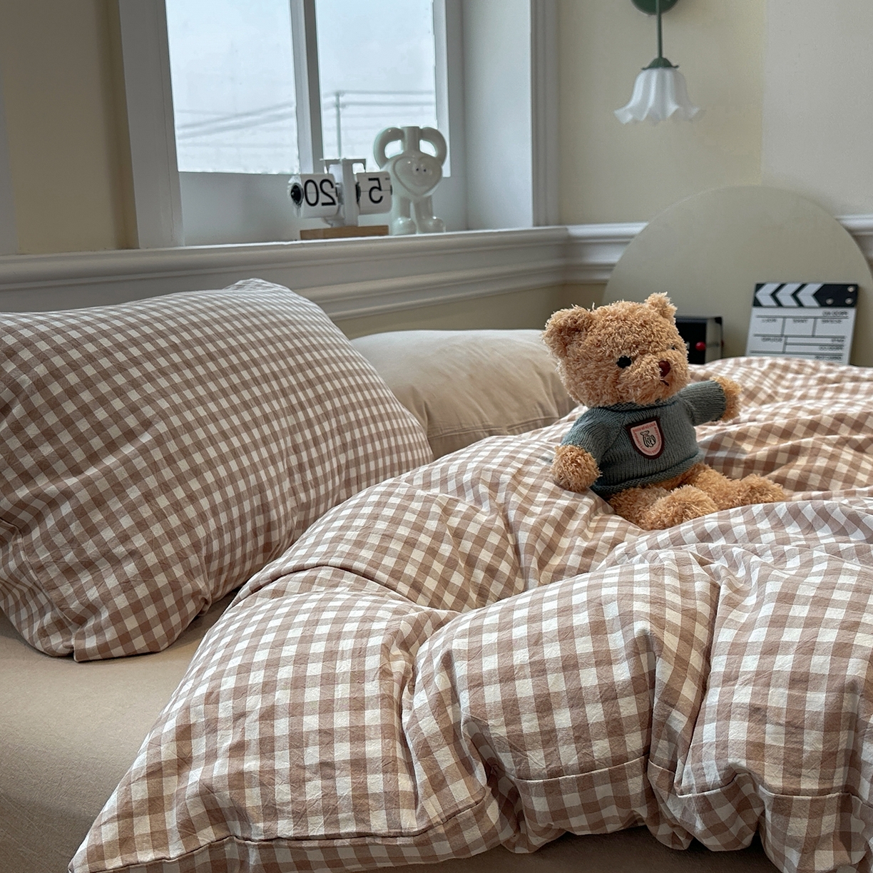 91家纺网 家纺一手货源 找家纺 欣晴家纺 2026新款软糯水洗棉条格无印宜家风混搭系列被套单件单品被套 混搭咖格