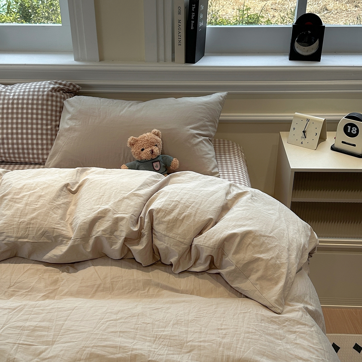 91家纺网 家纺一手货源 找家纺 欣晴家纺 2026新款软糯水洗棉条格无印宜家风混搭系列被套单件单品被套 混搭米驼