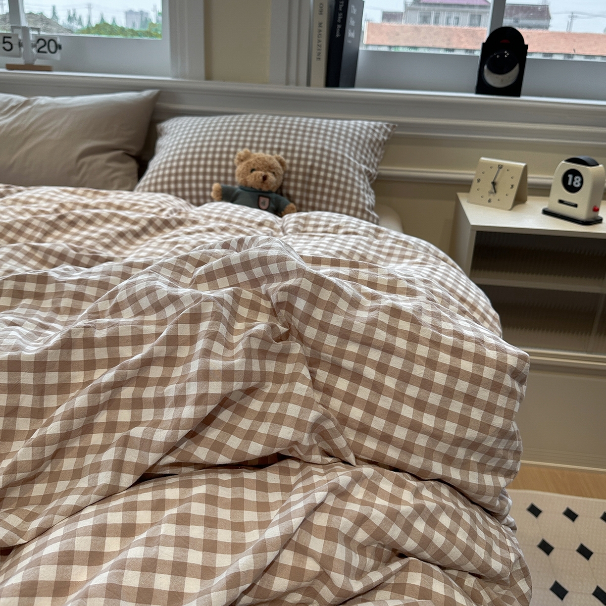 91家纺网 家纺一手货源 找家纺 欣晴家纺 2026新款软糯水洗棉条格无印宜家风混搭系列被套单件单品被套 混搭咖格