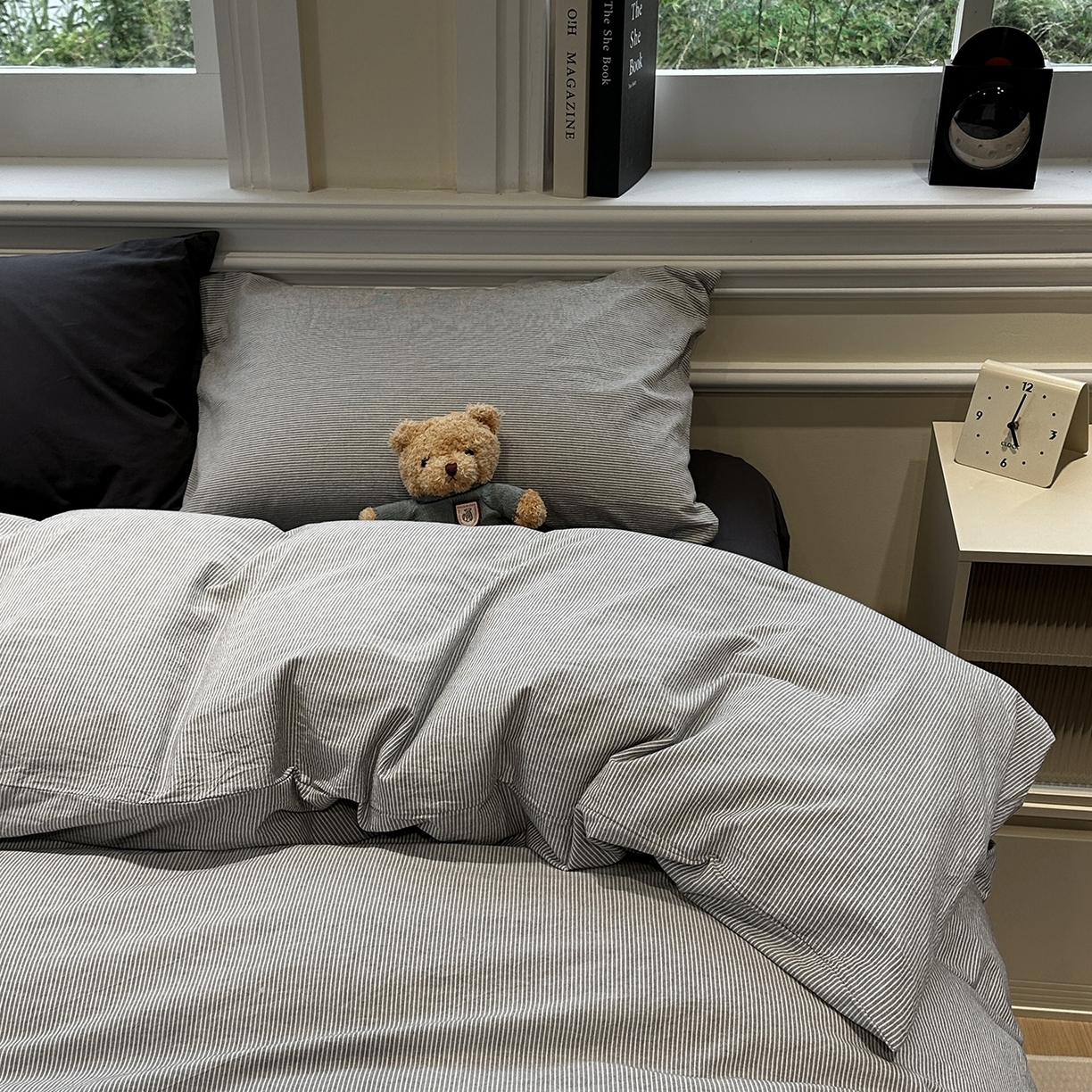 91家纺网 家纺一手货源 找家纺 欣晴家纺 2026新款软糯水洗棉条格无印宜家风混搭系列被套单件单品被套 混搭灰条