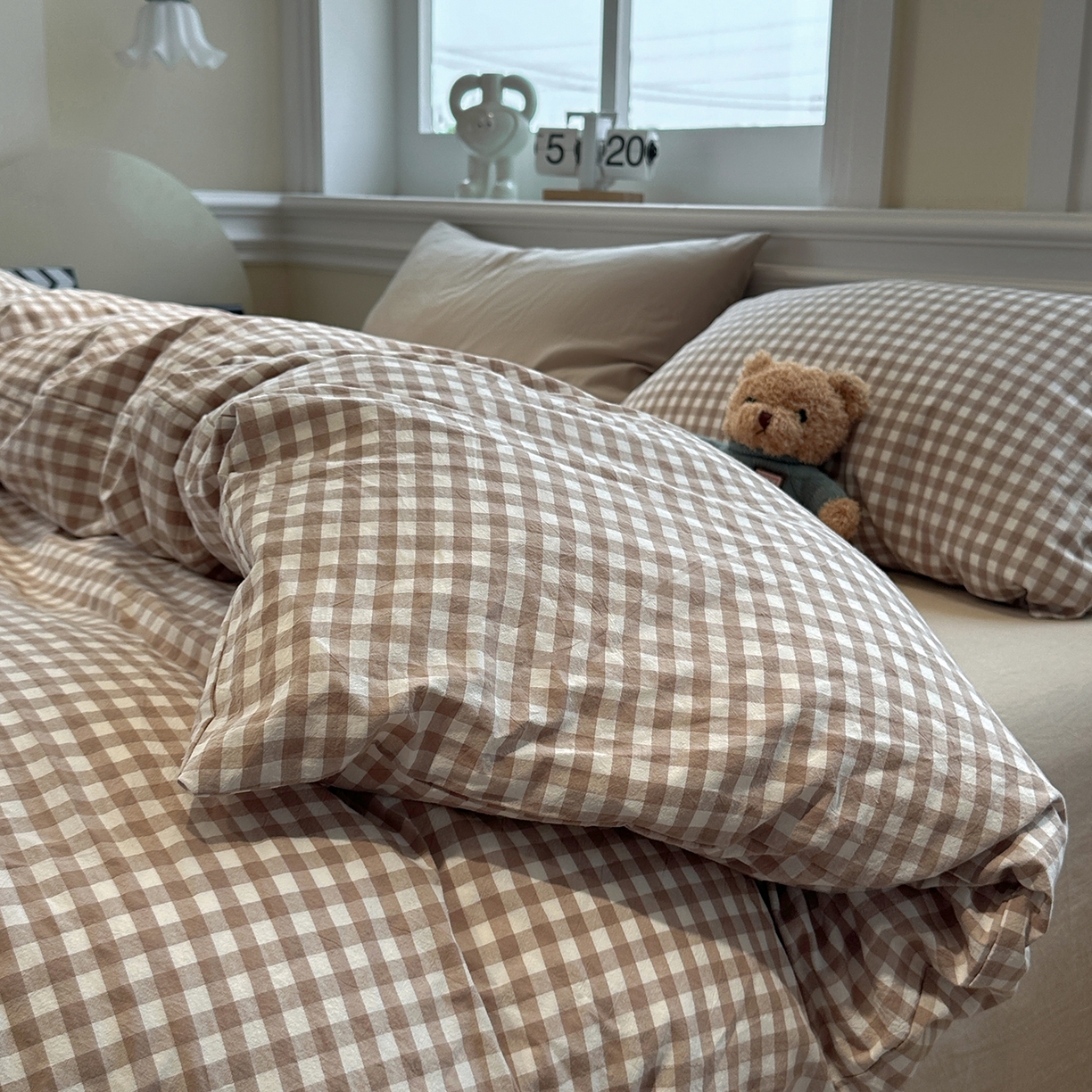 91家纺网 家纺一手货源 找家纺 欣晴家纺 2026新款软糯水洗棉条格无印宜家风混搭系列被套单件单品被套 混搭咖格