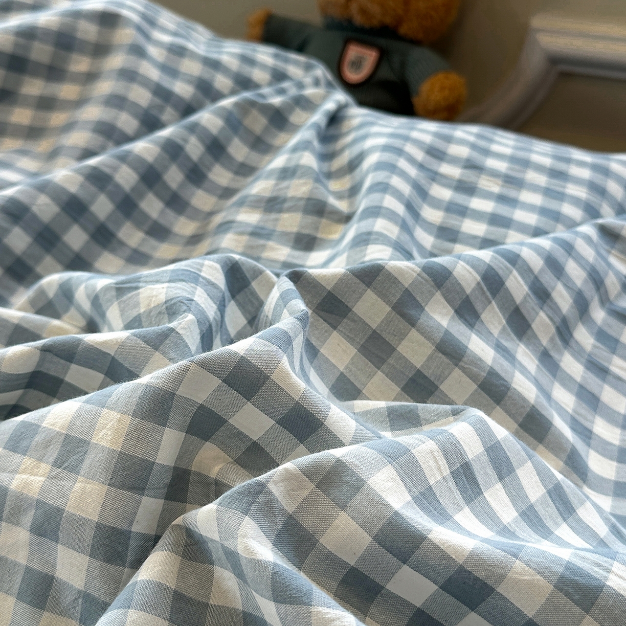 91家纺网 家纺一手货源 找家纺 欣晴家纺 2026新款软糯水洗棉条格无印宜家风混搭系列被套单件单品被套 混搭蓝格