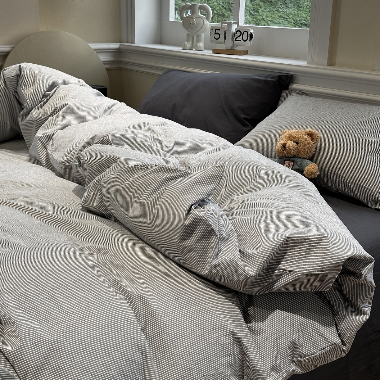 欣晴家纺 2026新款软糯水洗棉条格无印宜家风混搭系列被套单件单品被套 混搭灰条