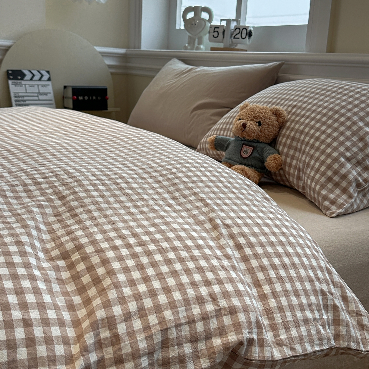 91家纺网 家纺一手货源 找家纺 欣晴家纺 2026新款软糯水洗棉条格无印宜家风混搭系列被套单件单品被套 混搭咖格