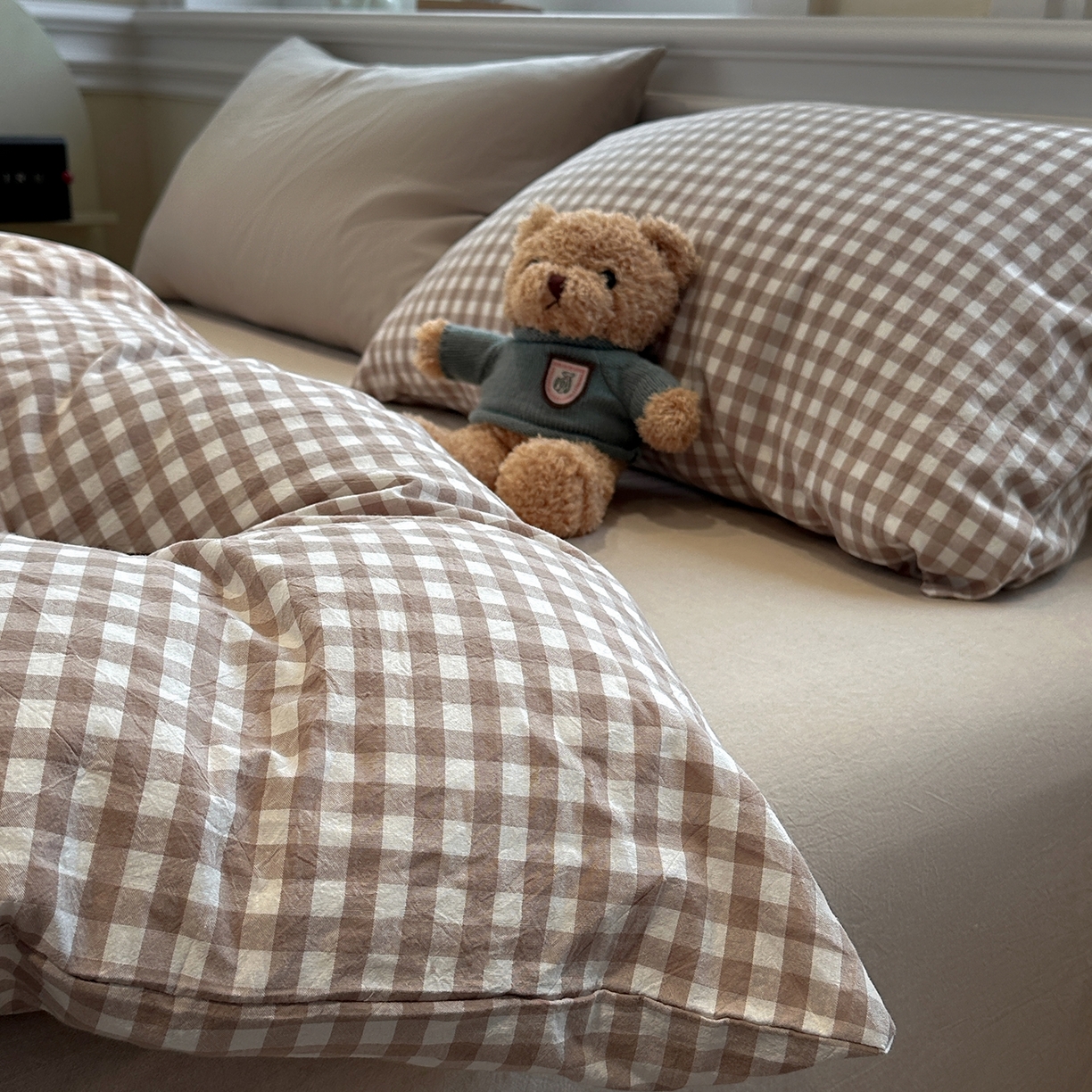 91家纺网 家纺一手货源 找家纺 欣晴家纺 2026新款软糯水洗棉条格无印宜家风混搭系列被套单件单品被套 混搭咖格